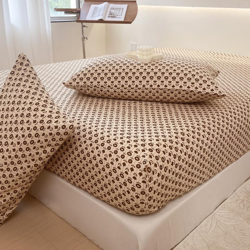 Washed Cotton Bed Sheet Fitted Sheet with Pillowcase Elastic Bands Non Slip Adjustable Mattress Cover for Double King Queen Bed