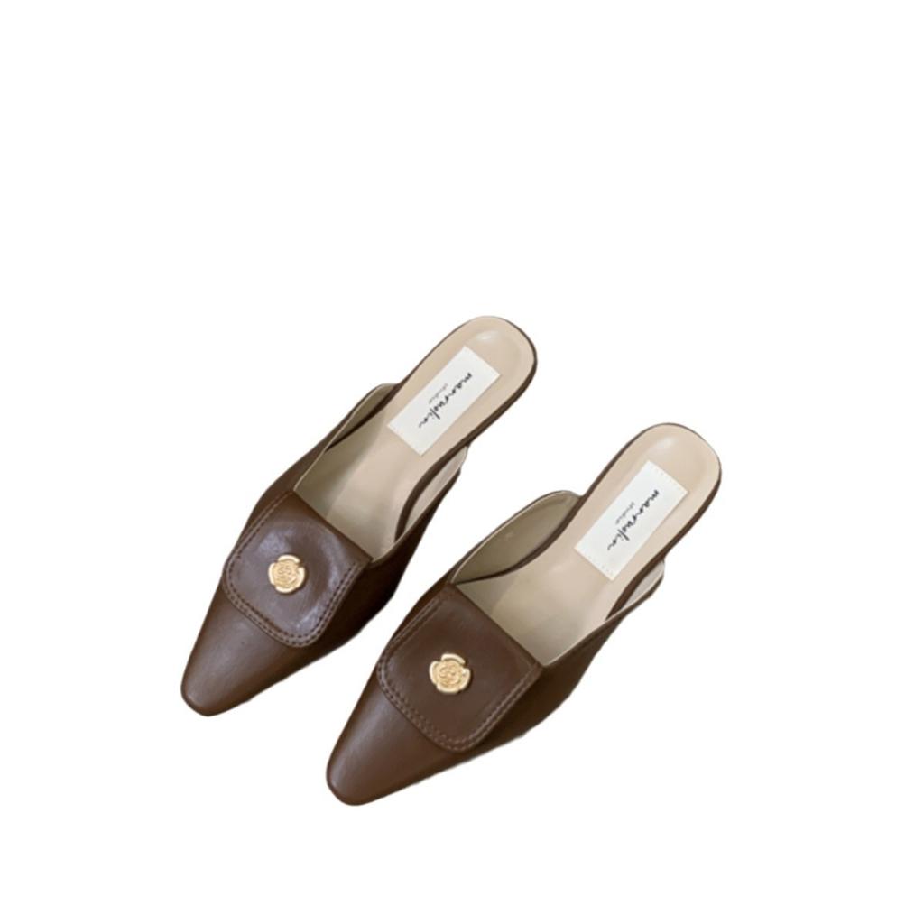 2025 spring and summer new metal buckle pointed head thin flat bottom slippers bag head half drag soft leather comfortable flat heel women's shoes