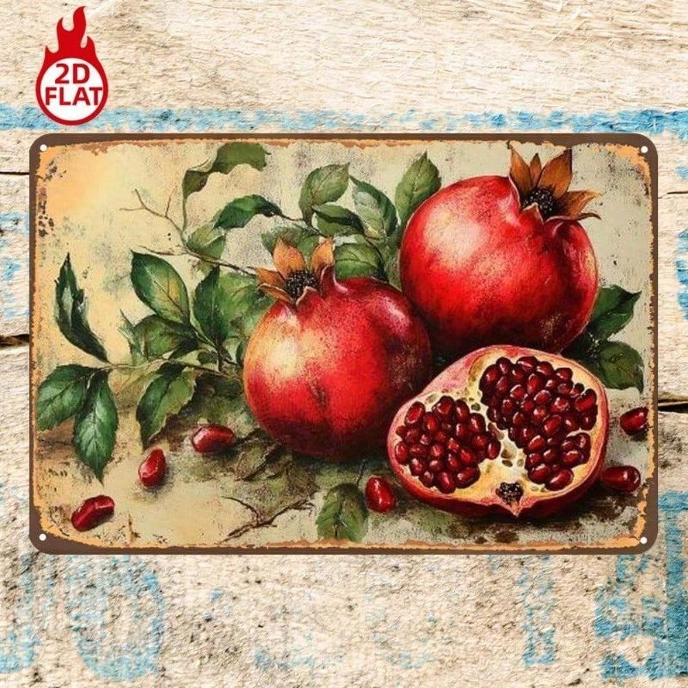 1pc Vibrant Pomegranates Metal Sign 8x12in, Vintage Fruit Iron Wall Decor with Green Leaves, Retro Painting for Home Bar
