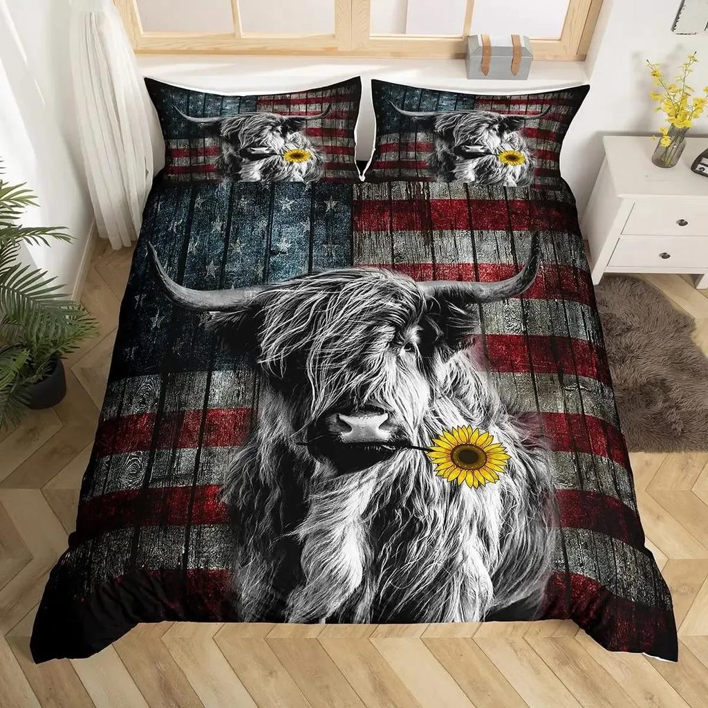 Cow Sunflower Bull Cattle Smoky Mountain Western Comfortable Duvet Cover Pillowcase Bedding Set Children Bedroom Decoration