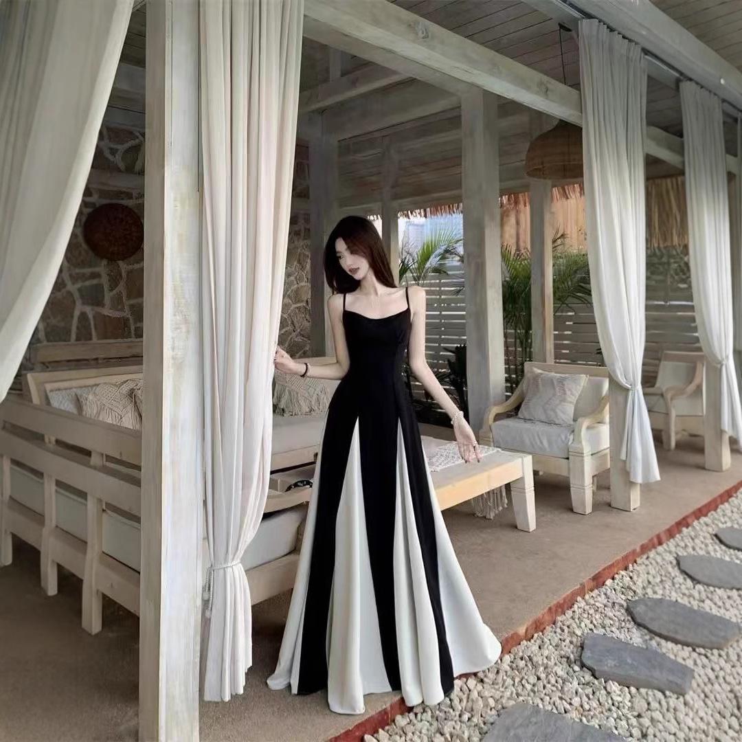 

French Patchwork Color Block Spaghetti Strap Women s Summer A-line Maxi Dress S