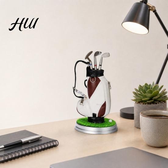 Practical Office Supplies Men Golf Pen Holder Set, Mini Bag Desk Organizer with 3 Set Club Pens, Novelty Decor for Men, Business Gift Desktop