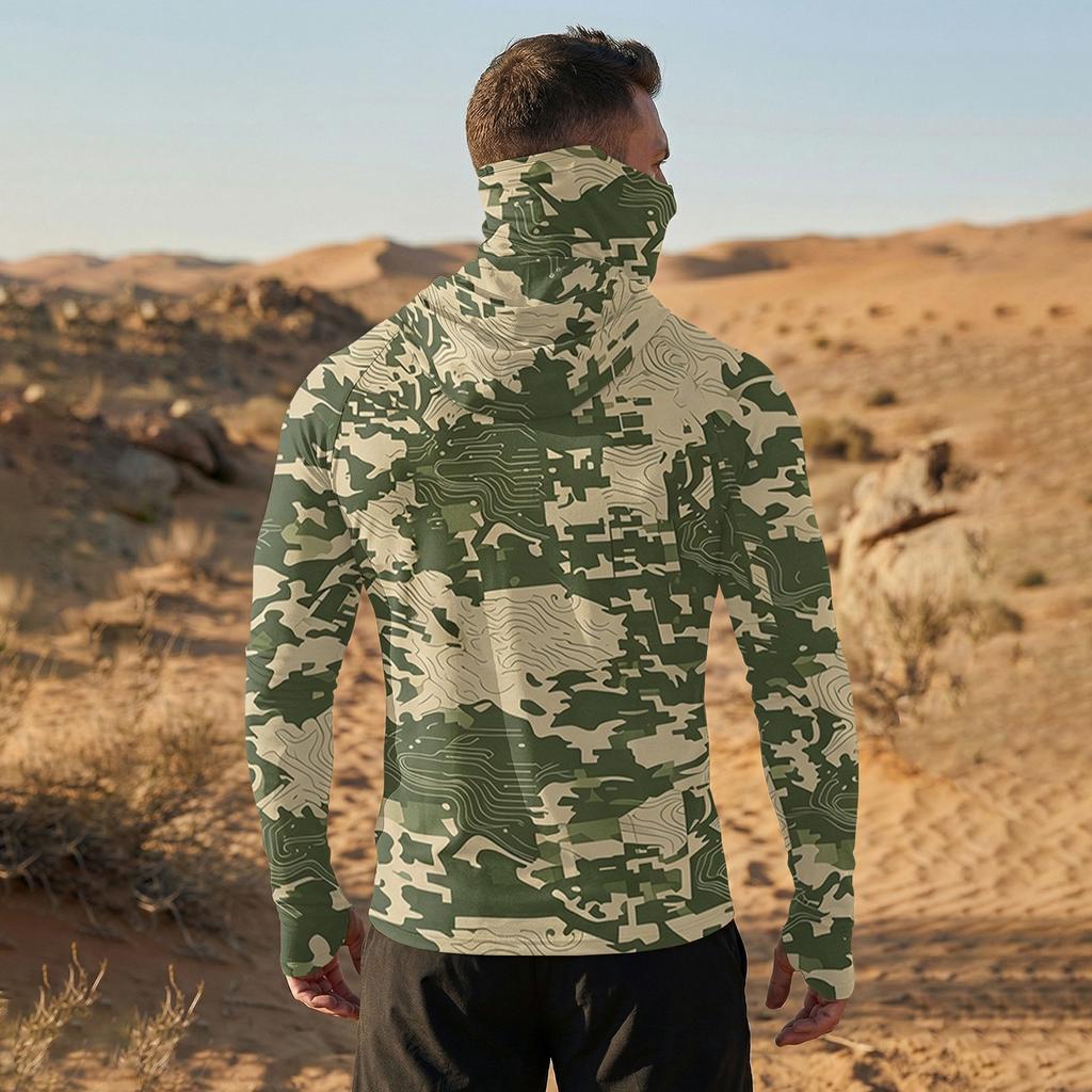 Men's Casual Raglan Sleeve Hooded Long Sleeve Sun Protection Shirt Camouflage Print Lightweight Breathable Outdoor Top