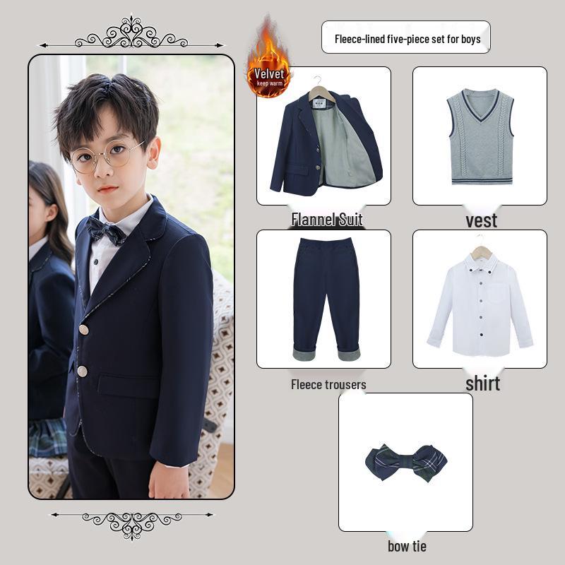 British Style Winter Uniform for Primary and Kindergarten – Children's Velvet Suit Set with Jacket