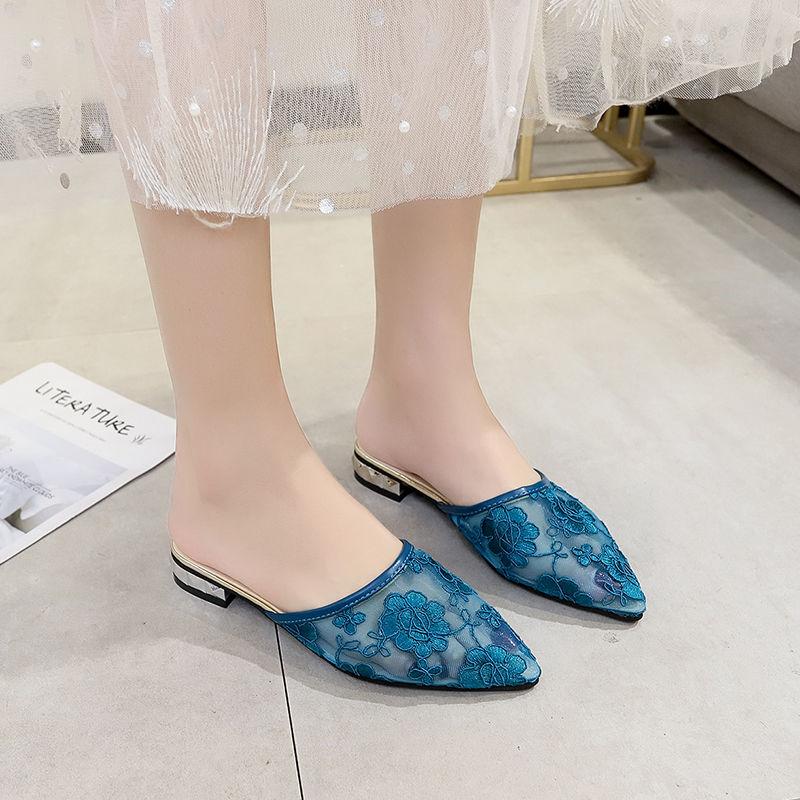 Shoes for Women Low Heel Slides Sexy Black Woman Mules Slippers Pointed Toe Embroidery 39 Chic and Elegant H Sandal Pvc Sandals