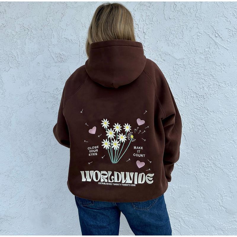 Kvinner Tykk Langermet Høst og Vinter O-Hals Hettegenser Vintage Blomsterprint Mote Løse Sweatshirts med Lomme