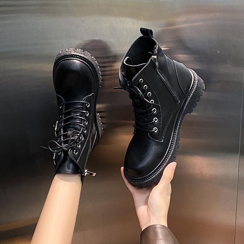 New Round Toe Fashionable Side Zipper Motorcycle Shoes Solid Color Elegant Warm Casual Lace-up Non-slip Women's Boots