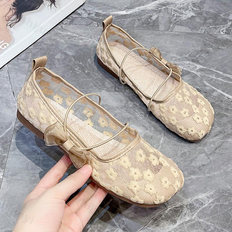 Fashion Women's Flats Shoes 2025 New Summer Lace Embroidered Mesh Shoes Mary Jane Breathable Comfortable Ladies Outdoor Leisure Shoes