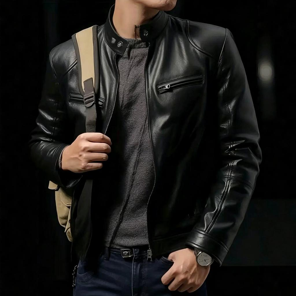 New men's slim-fit PU leather jacket stand-up collar locomotive jacket spring and autumn fashion trendy coat