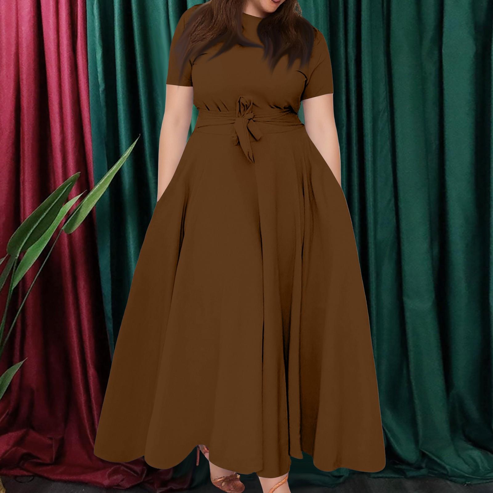 

Women s Casual Fashion Large Size Solid Color Round Neck Short Sleeve Pocket Straps Swing Dress XL