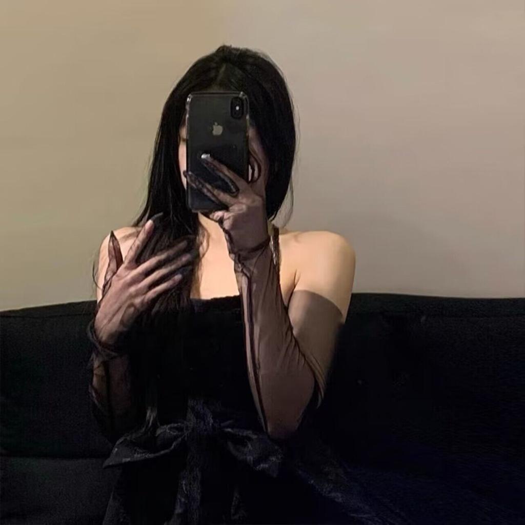 Vintage mesh bridal Lolita black lace gloves sexy photo props black silk sleeves