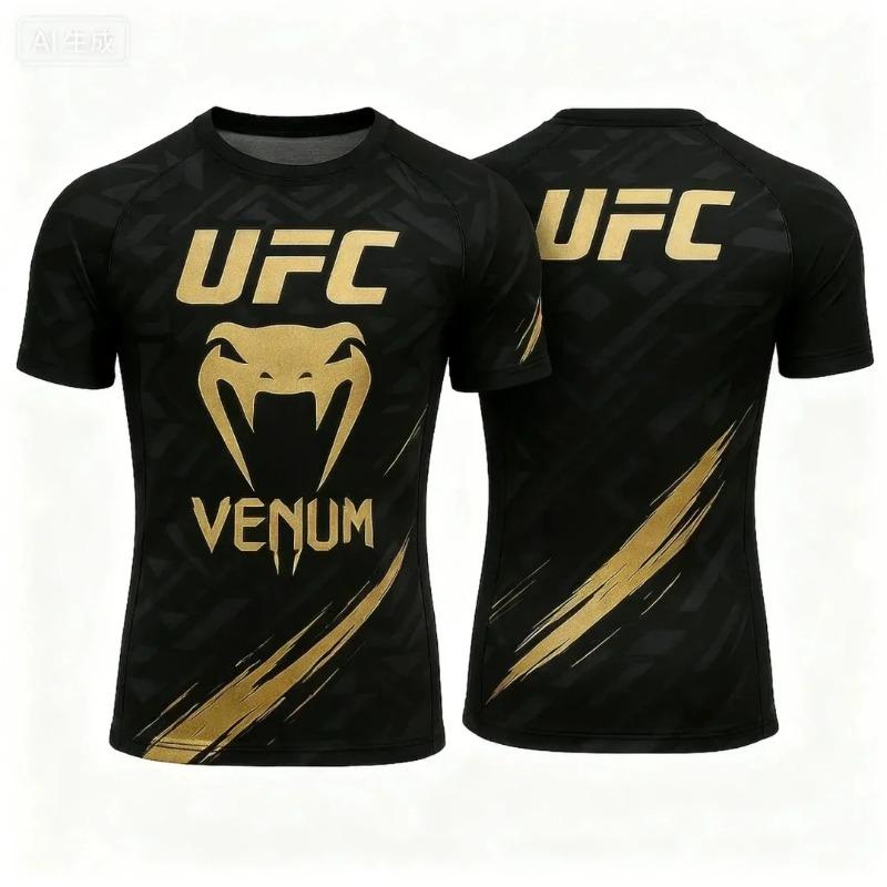 UFC Venum Flame Print Compression Rashguard Men Quick Dry MMA BJJ Training Short Sleeve T Shirt Gym Workout Athletic Top Black