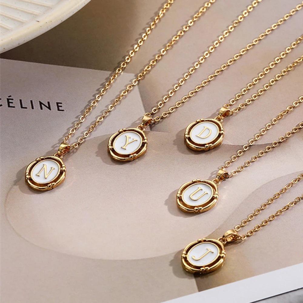 Stainless Steels Drip Oil 26 Letter Oval Necklaces for Women Alphabet Initials Pendant Necklace Aesthetic Zircon Gift