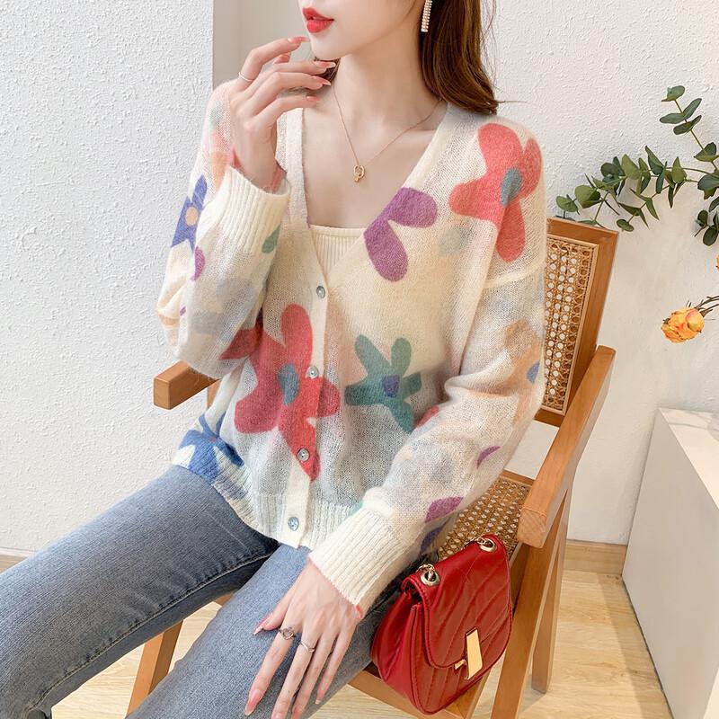 ITISF4 Damen V-Ausschnitt Cardigan aus Mohairmischung mit Blumenprint