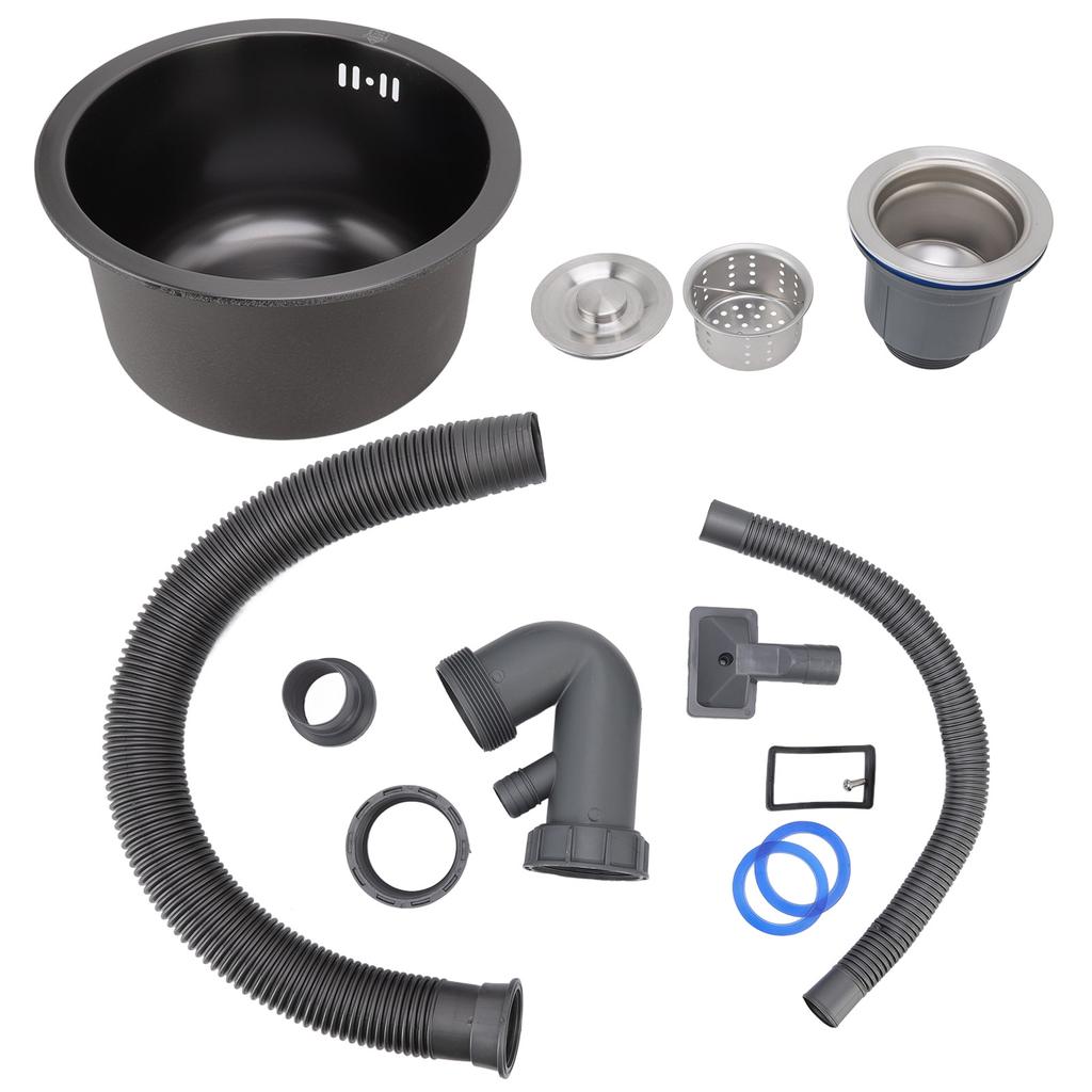 Mini Round Kitchen Sink Bar Stainless Steel Basin Single Bowl with Drain Accessories for Home Black