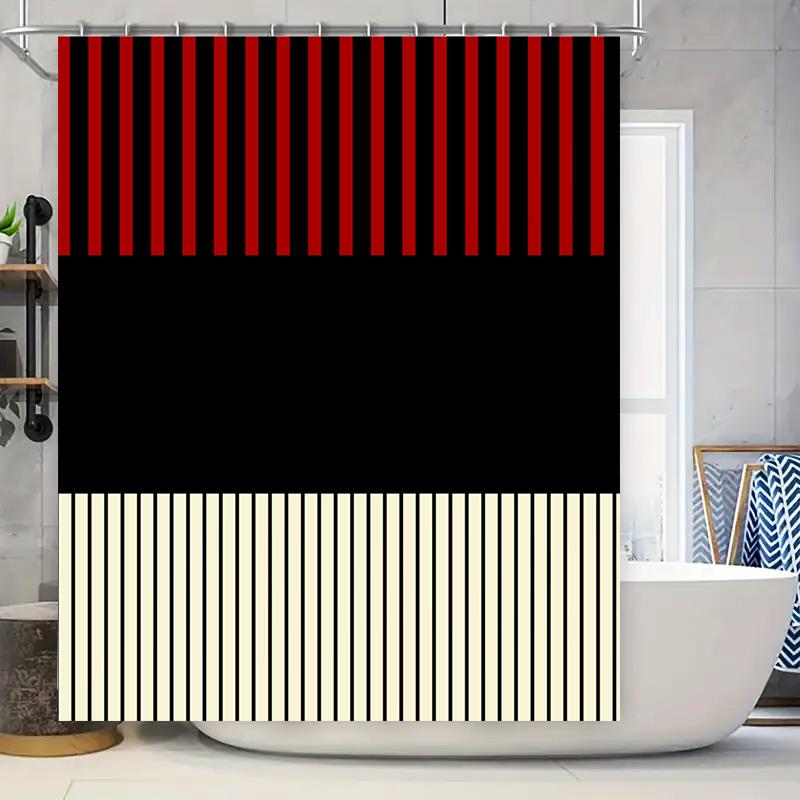 

Elegant Bath Shower Curtain With Striped Design Black Red Color Block Pattern, Polyester Fabric For Bathroom Decorations (White) W60H190(CM)-1 Pcs