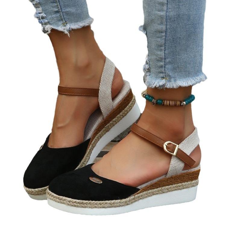 2025 summer new foreign trade large size bag head rear empty slope heel sandals women's hemp rope bottom buckle thick sole women's sandals