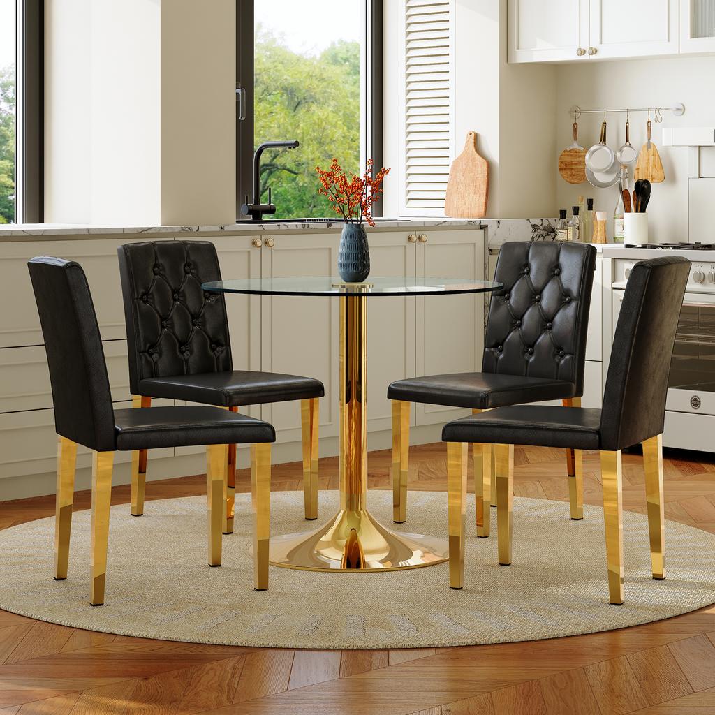 Table and Chair Collection: 85 Cm Diameter, Modern Minimalist Round Glass Table with Golden Metal Support, Matching 4 Black-Gold Modern Dining Chairs.