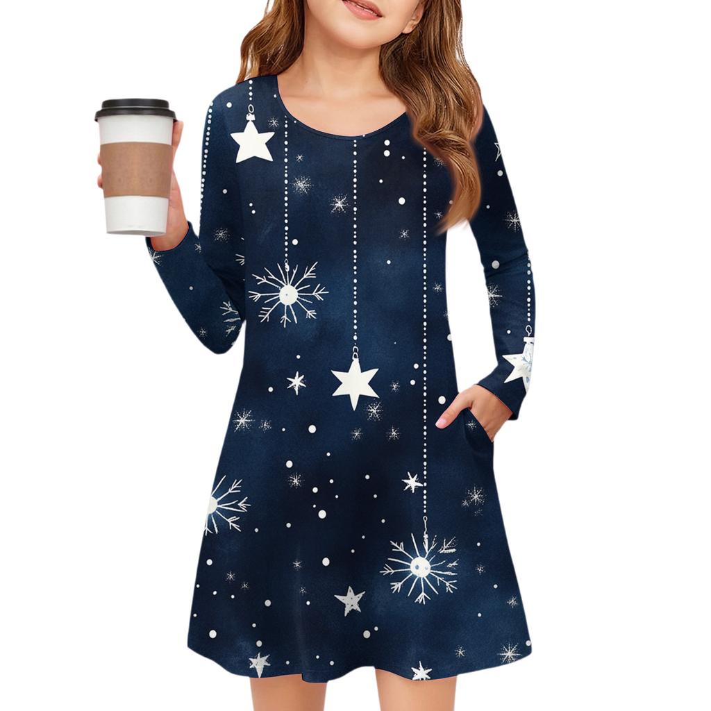 Christmas Day Girls' Long Sleeve Dress - Color Pocket Dress