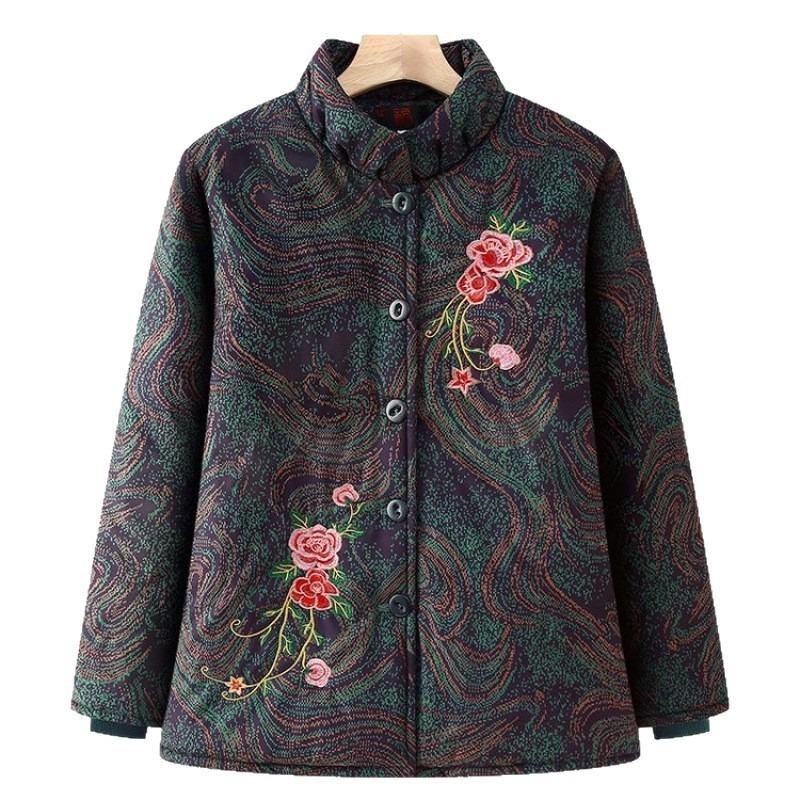 New Old Lady Winter Velvet Cotton-padded Jacket 0 Embroidered Cotton-padded Jacket Elderly Clothes Women's Warm Jacket
