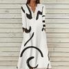 Women's Summer Casual V-Neck Button Retro Geometric Print Three-quarter Sleeve Long Dress With Pockets