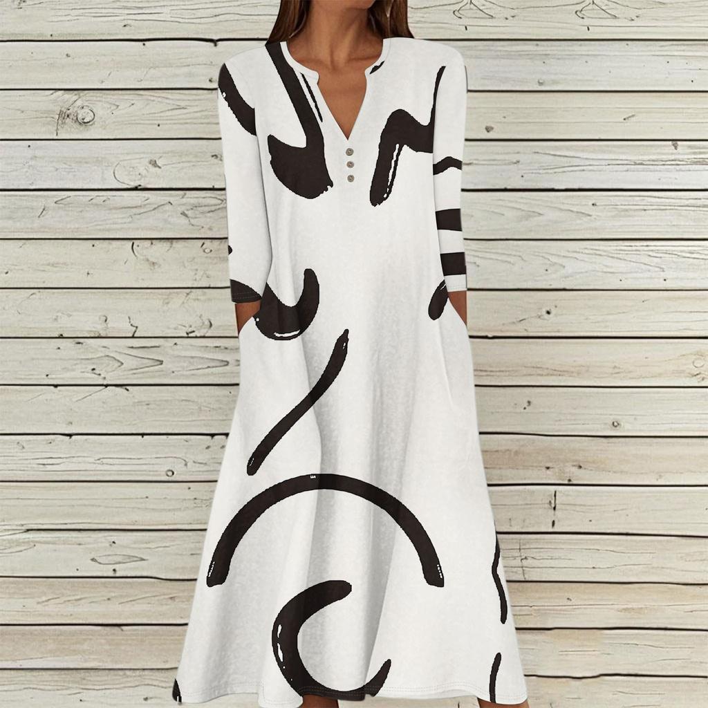 Women's Summer Casual V-Neck Button Retro Geometric Print Three-quarter Sleeve Long Dress With Pockets