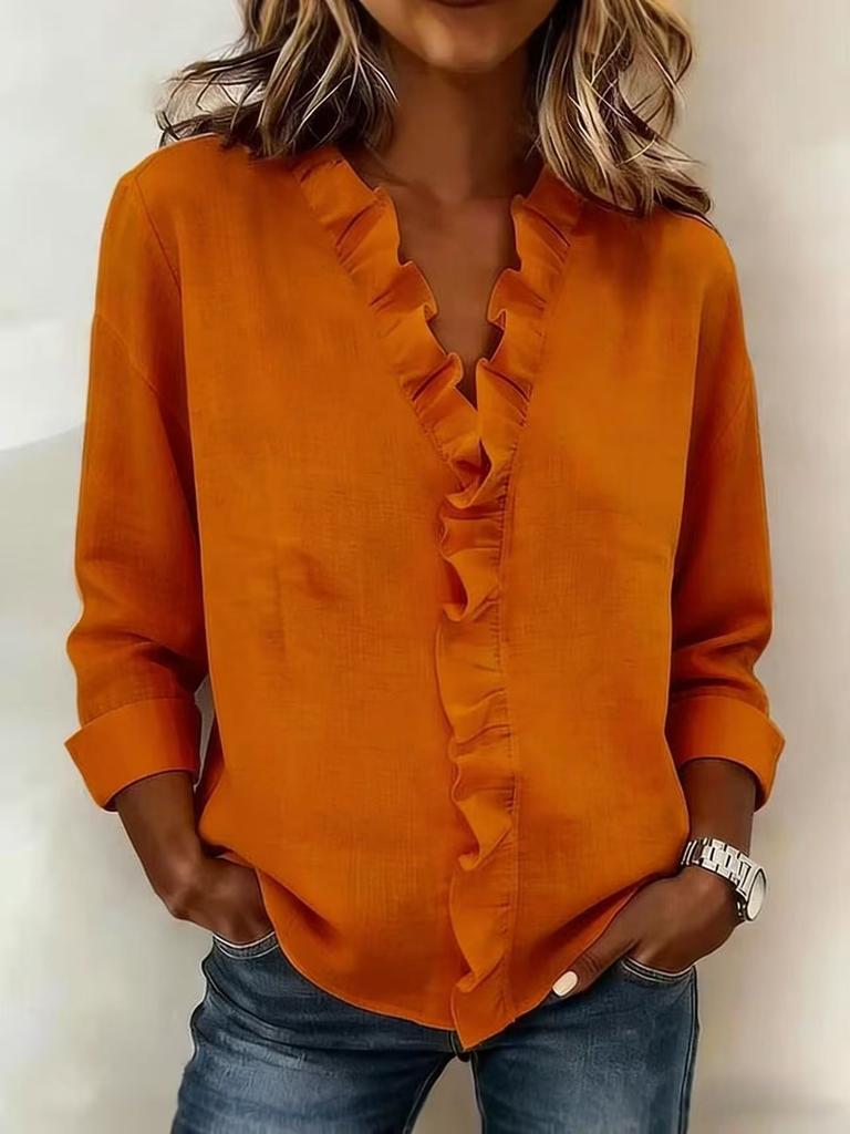Spring Women's Wood Ear Trim Long Sleeve Cotton Shirt