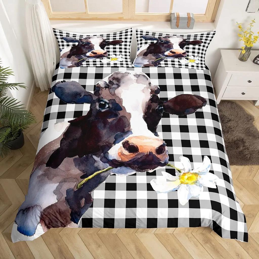 3D Nordic Style Black and White Grid Cute Animal Duvet Cover King Size Polyester Quilt Cover Pillowcases for Home Bedroom Decor