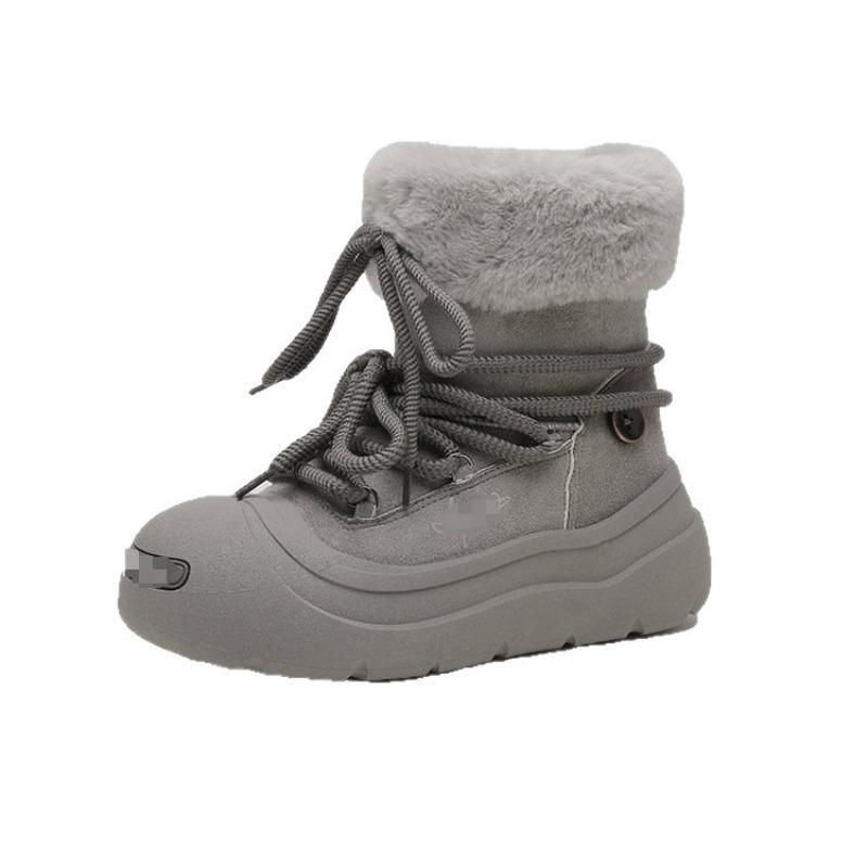 Plüsch-Schneestiefel Damen neue Winter-Mid-Boots Plüsch warm großer Kopf Schnürstiefel flauschige Stiefel