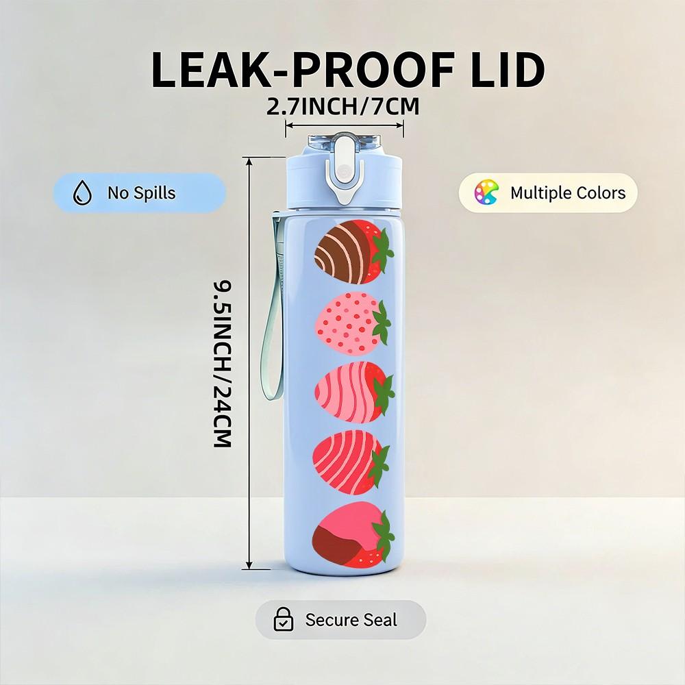 1PC Vertical Strawberry Slices 750ml Color Plastic Sports Water Bottle Leakproof Flip Straw Lid Suitable for Sports Office Home Use