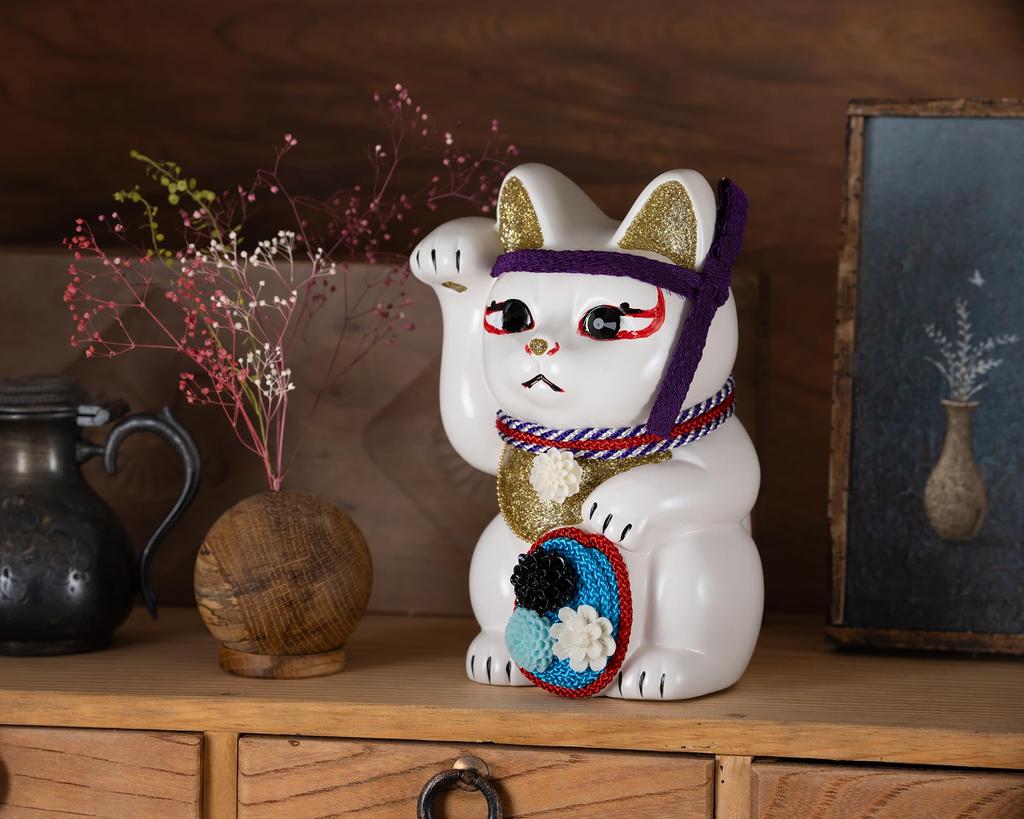 Lyckokatt Kabuki Sukeroku Högerhandskatt Lyckobringande Feng Shui-figur Offerlåda Vit (M-STORLEK Vit) upphöjd/Keramik_lyckobringande Maneki-neko (suke_M