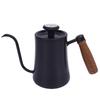 600ML Coffee Brewing Pot 304 Stainless Steel Water Pot with Temperature Meter Wood Handle   Spout