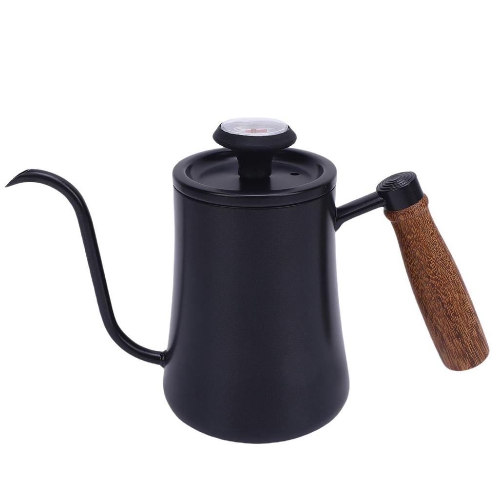 600ML Coffee Brewing Pot 304 Stainless Steel Water Pot with Temperature Meter Wood Handle   Spout