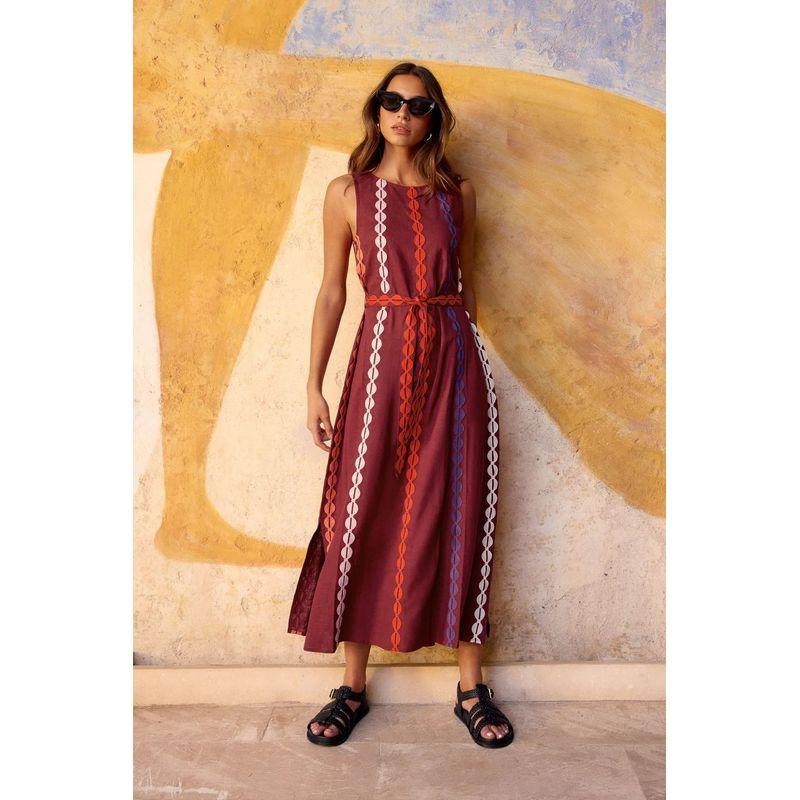 

Summer New European and American round Neck Vest Digital Print Long dress With Belt Leisure Dress Red M