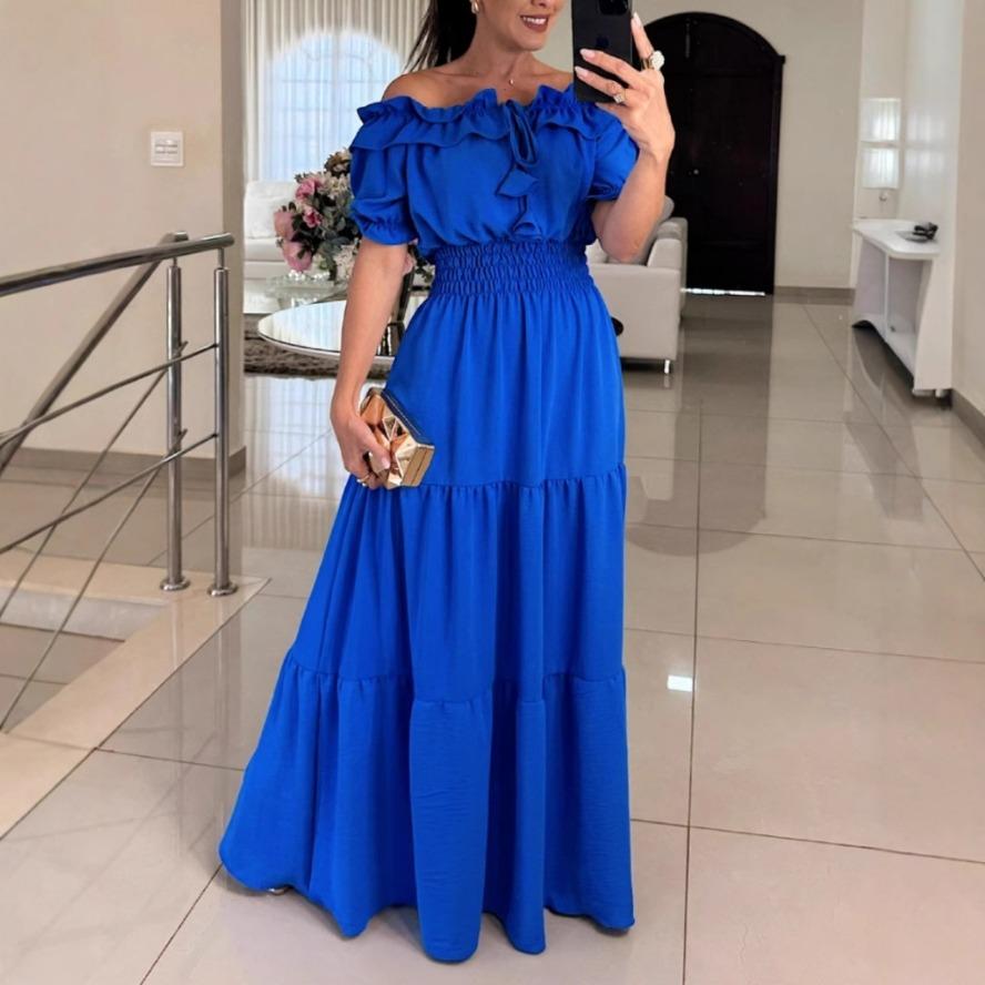 

YYFS Женская мода Лето Весна Однотонный принт Короткий рукав Одно плечо Высокая талия Повседневные платья XXL синий