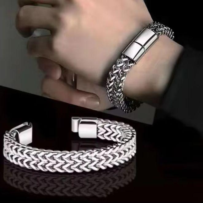 Stainless Steel Braided Double Row Front and Rear Fish Scale Alloy Magnetic Buckle Bracelet with Keel Jewelry Gifts Wholesale