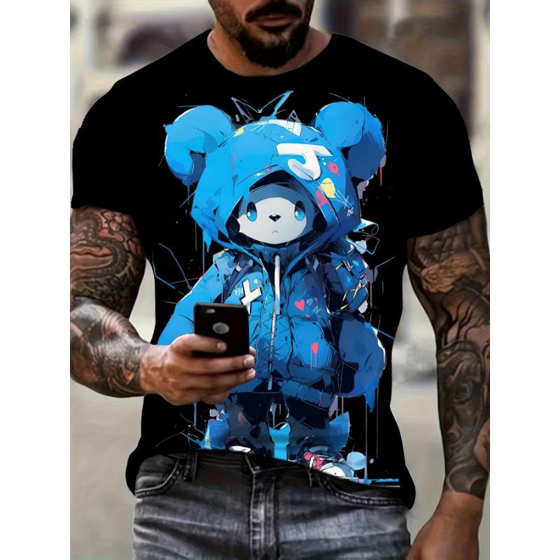 Men's casual fashion T-shirt 3D printing anime bear pattern printed T-shirt for summer daily outdoor street cool wear