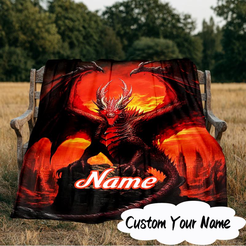 Custom Name Fiery Dragon's Majesty Blanket  Ideal Bedding Blanket Perfect for Travel, Camping, Living Rooms, Offices, Sofas, Fan Christmas Gift
