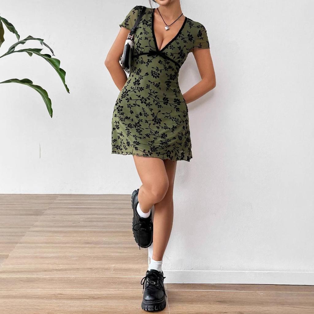 European and American Summer New Women's Sexy Floral V-color A-shaped Skirt
