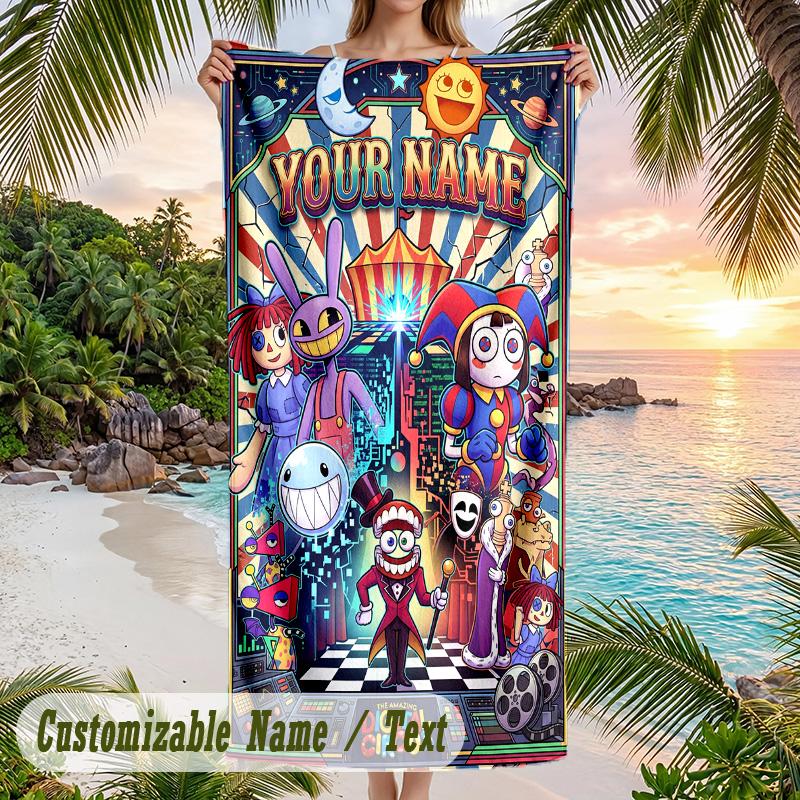 The Amazing Digital Circus Beach Towel, Personalized Custom Text, Quick Dry Soft Large Towel For Swimming Pool Travel