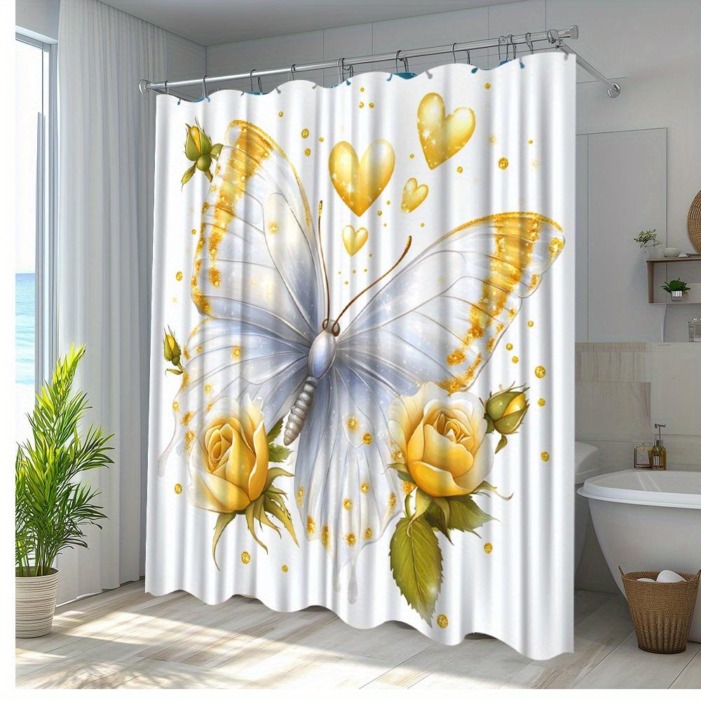 

1Pc Butterfly Shower Curtain With Yellow Roses & Hearts Design - Premium Polyester Fabric, Machine Washable, 70.8X70.8 Inches, W60H190(CM)-1 Pcs