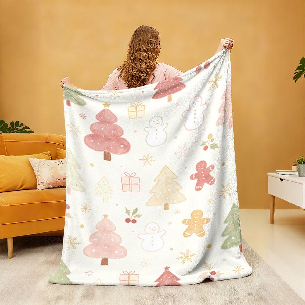 Cute Pink Christmas Tree Flannel Blanket Soft Cozy Throw Blanket Kawaii Holiday Xmas Girls Bedroom Couch Decor Blanket