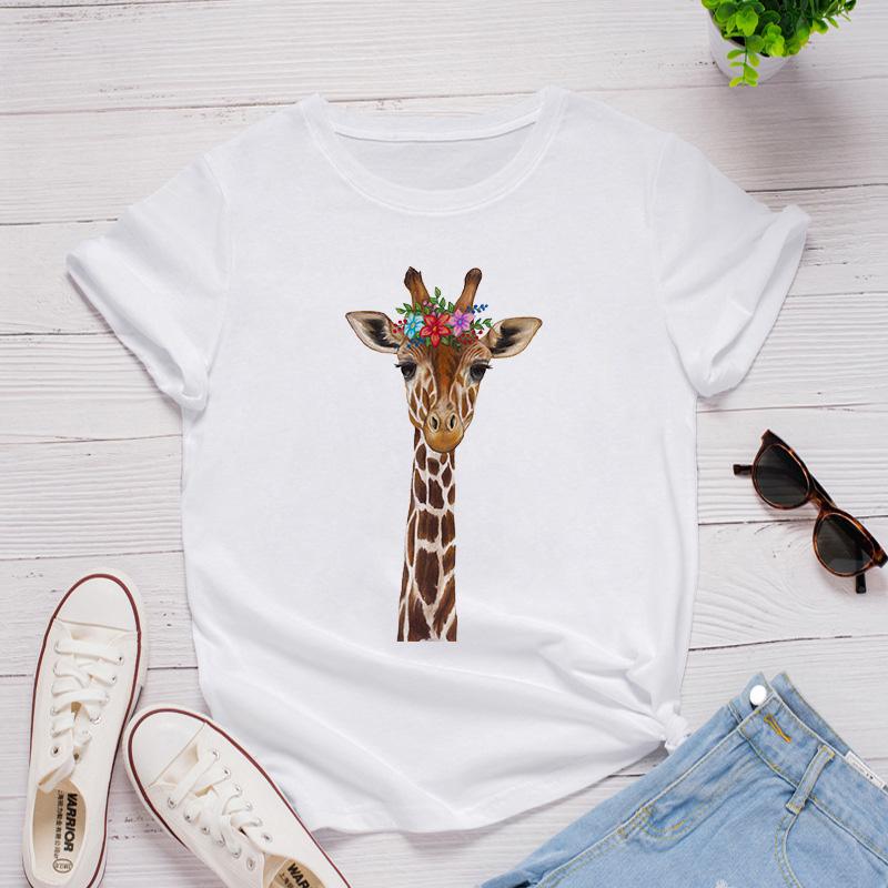 Women White Tshirt Tops Cute Cartoon Deer In The Flowers Love T Shirt Girl Fashion Harajuku T-Shirt Floral Pattern