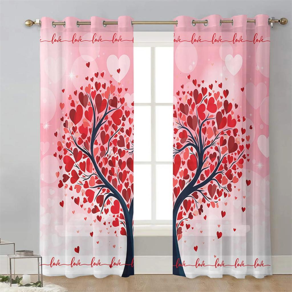Happy Valentine's Day Love Heart Voile Curtains For Bedroom Tulle Window Curtain For Living Room Sheer Curtains Blinds Drapes2Pc