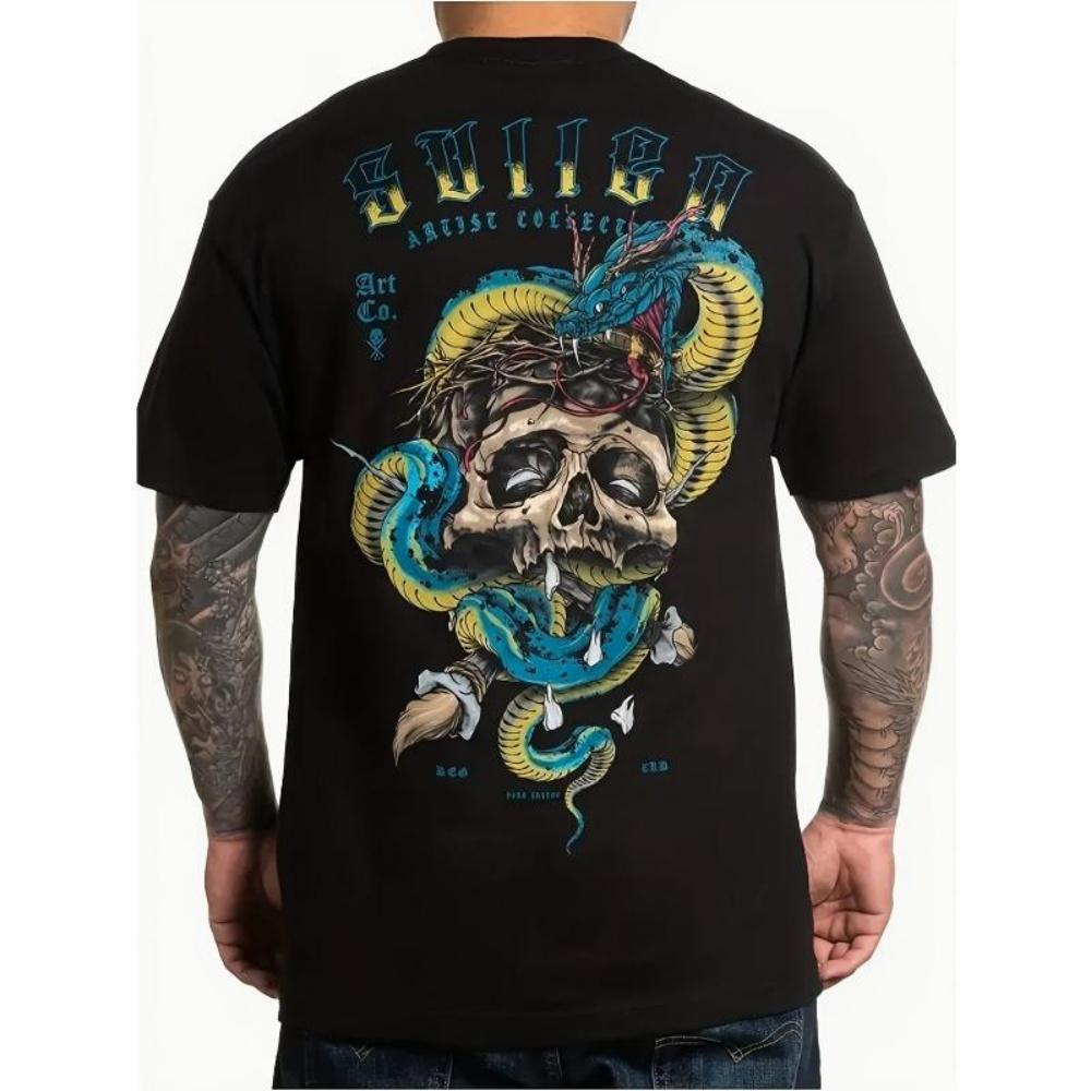 

European Sizes Snake Skull Tattoo Pattern T-shirt Breathable Summer T-shirt High Elasticity Loose Casual Street Wear Suitable for Beach S чёрный
