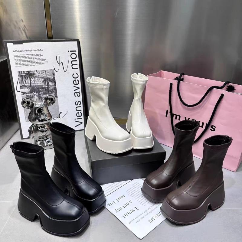 Damen High Top Stiefel Lässige Lederstiefel Schmale Elastische Stiefel Quadratische Zehenpartie Plateau-Stiefel Punk Stil Reißverschluss Kurze Stiefeletten