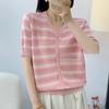Loose Fit Summer Ice Silk Striped Knit T-Shirt for Women [80-160 Jin], Korean Style Short-Sleeve Cardigan.