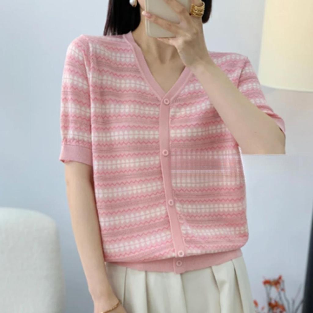 Loose Fit Summer Ice Silk Striped Knit T-Shirt for Women [80-160 Jin], Korean Style Short-Sleeve Cardigan.