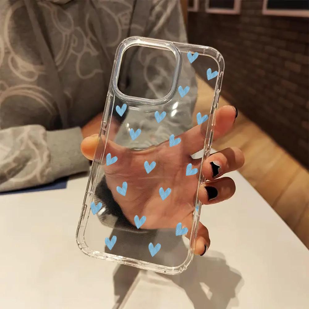 Blue heart-shaped transparent phone case for iPhone 17 16 15 14 13 12 11 Pro/ Max /Plus anti-fall and shockproof back cover