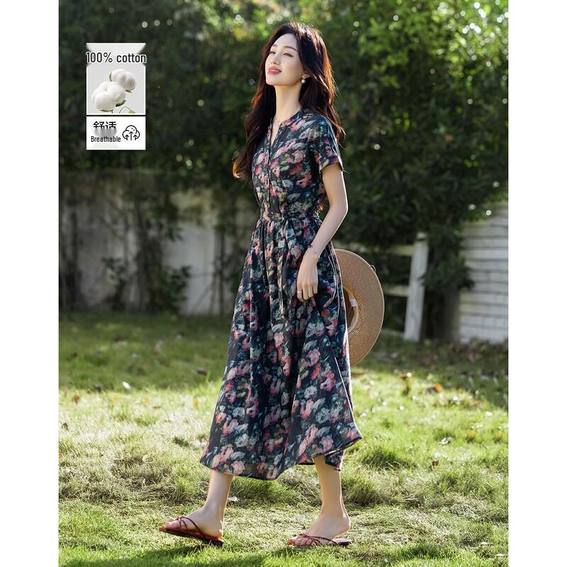 Demana Oxygen Pure Cotton V-Neck Printed A-Line Summer Dress M